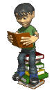 animated graphic of boy reading on book stack