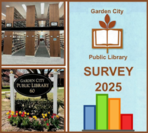 photos of Library stacks and lawn sign with flowers, plus graphic with Library book-and-leaf logo over fake bar graph